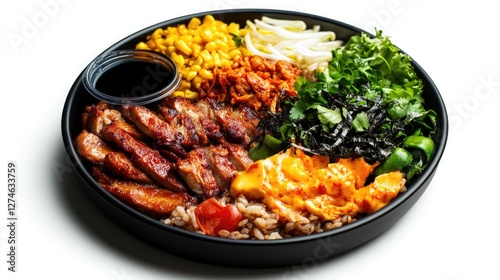 Delicious mixed plate featuring grilled meat, rice, and fresh vegetables. photo