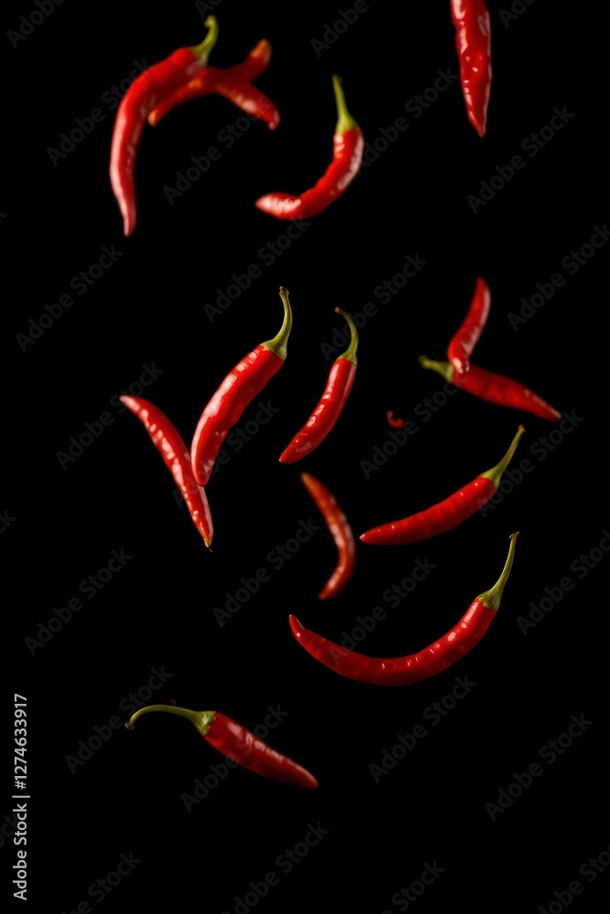 Obraz premium Red Chili Peppers Falling Dark Background Food Photography