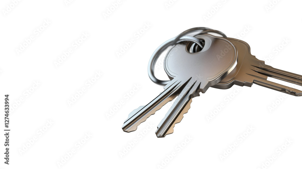 Metal keys hanging on ring against transparent backdrop, providing clean graphic element for design layouts Metal keys hanging on ring against transparent backdrop, providing clean graphic element for design layouts