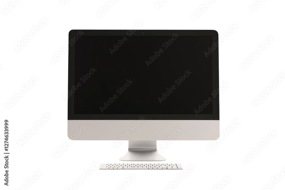 Sleek modern desktop computer with empty screen against a minimalist white backdrop isolated on transparent background Sleek modern desktop computer with empty screen against a minimalist white backdrop isolated on transparent background