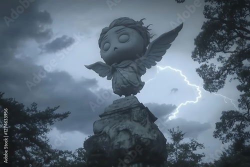 A weathered angel statue stands sentinel against a stormy sky alive with lightning.