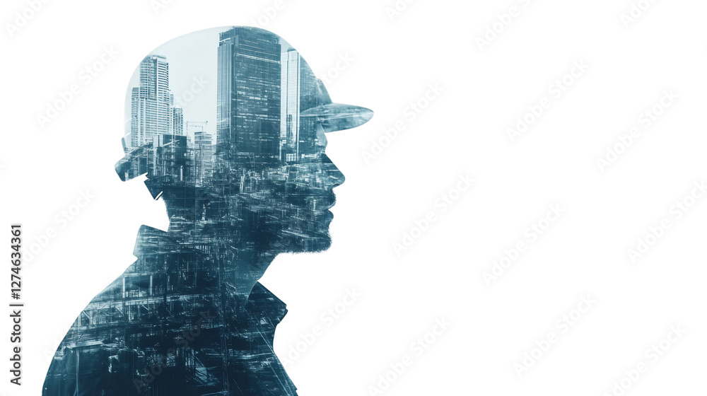 Profile of architect wearing helmet, planning new urban project with double exposure effect and transparent background Profile of architect wearing helmet, planning new urban project with double exposure effect and transparent background