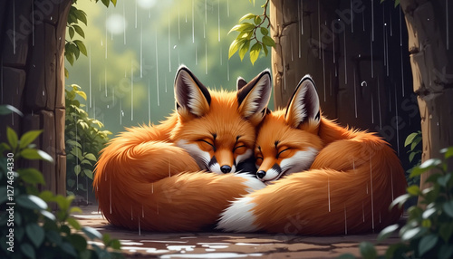 Two sleeping foxes cuddling in a rainy forest