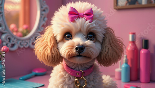 Fluffy dog with bow looking cute in stylish room