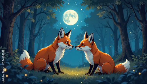 Two foxes gazing at each other under a full moon