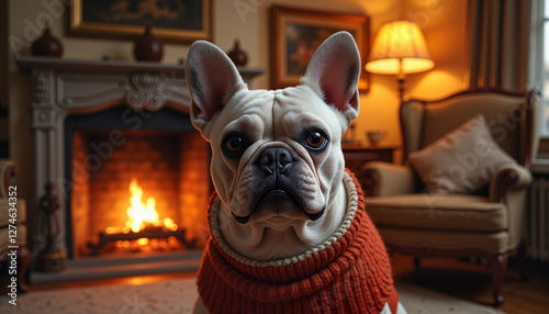 French Bulldog wearing sweater in cozy living room