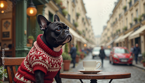 French Bulldog in sweater enjoying coffee in Parisian street