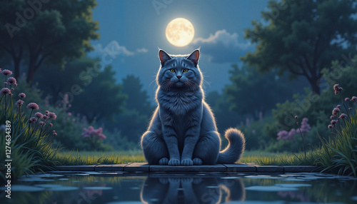 Cat sitting peacefully by pond under full moon