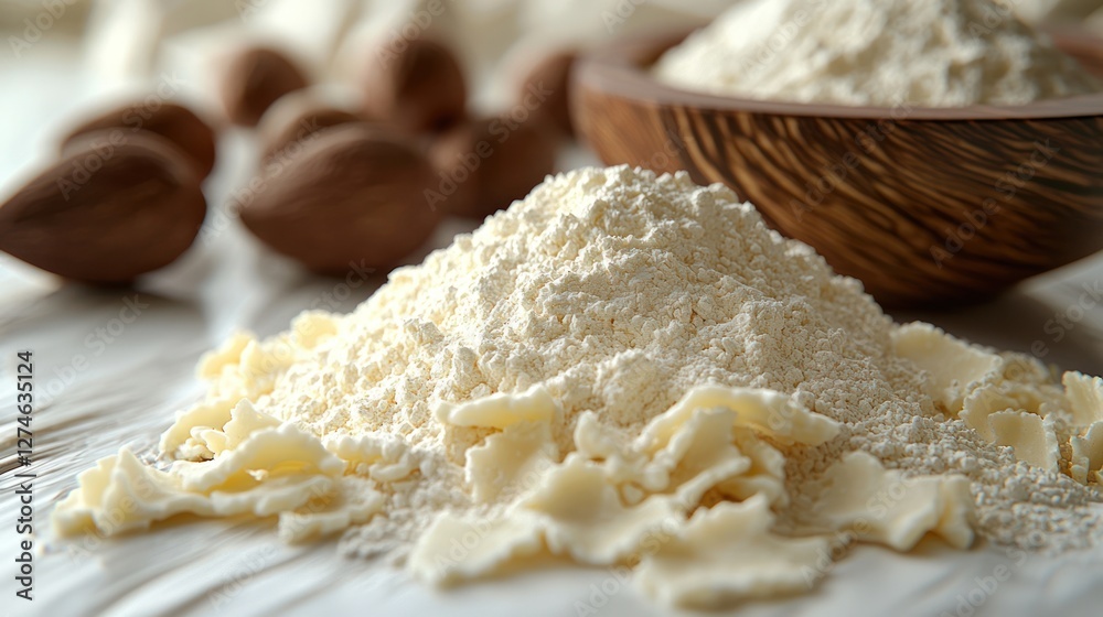 Almond flour pile, nuts, bowl, baking, kitchen table Almond flour pile, nuts, bowl, baking, kitchen table