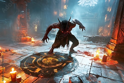 A fierce demonic creature lurking in a dark ancient temple, a terrifying scene from a video game.