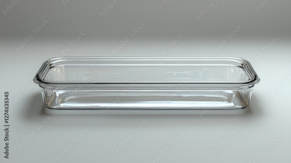 Empty glass rectangular dish on grey background; food storage, cooking Empty glass rectangular dish on grey background; food storage, cooking