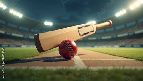 Close-up cricket bat mid-swing hitting red ball, bat’s wooden texture, stadium lights in the background. International cricket tournaments, Indian Premier League (IPL) games