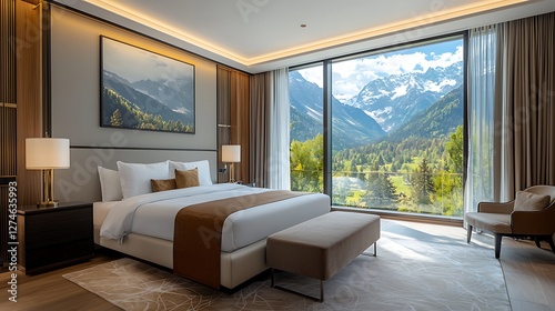 A luxurious master bedroom with a king-size bed, soft linens, elegant furniture, and large windows showcasing a stunning mountain view