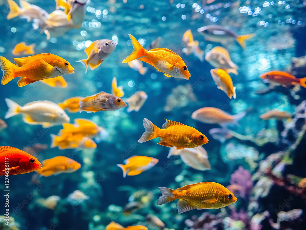 Naklejka premium Vibrant aquarium fish swimming in clear blue water for nature and marine design