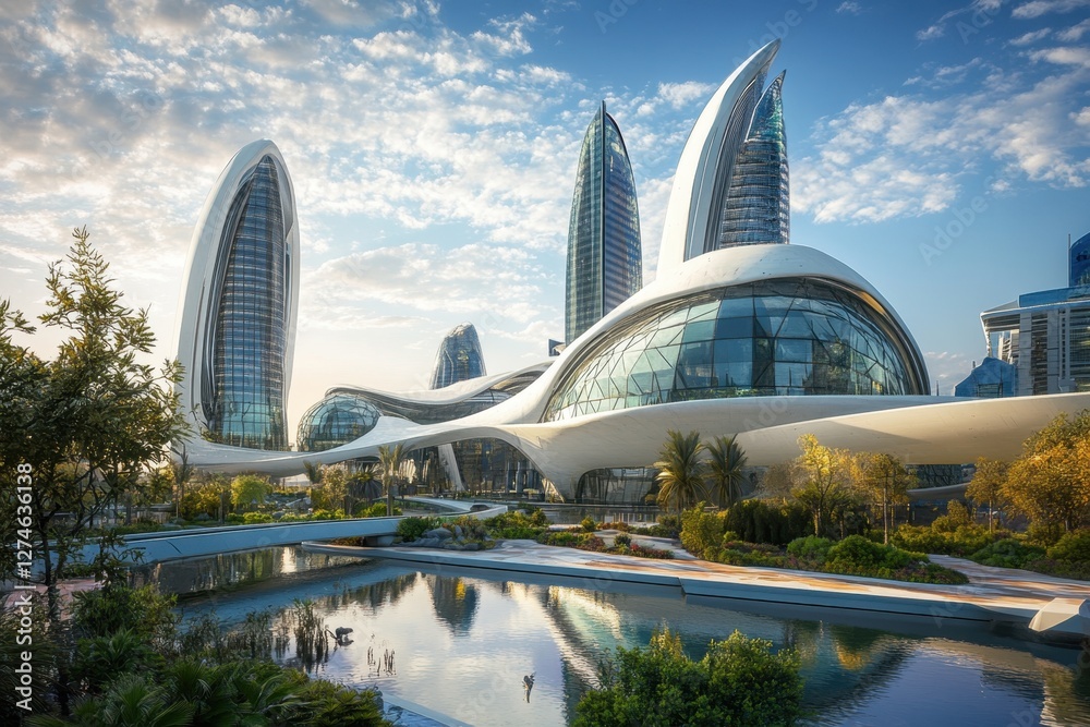 Obraz premium Modern architectural marvel in a vibrant urban landscape during sunset