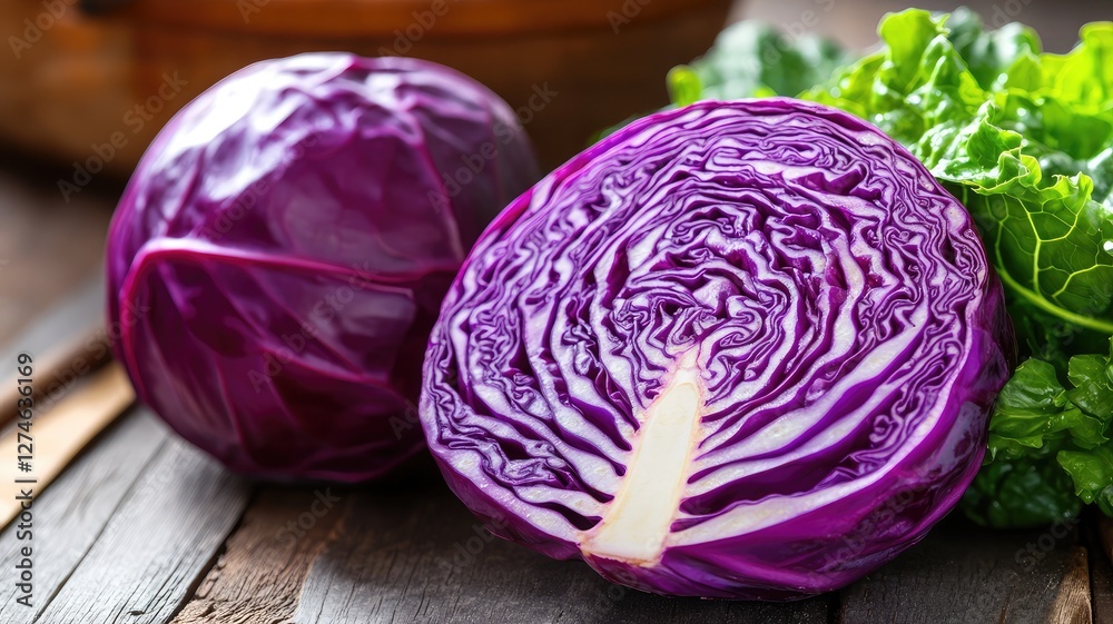 Fototapeta premium Fresh purple cabbage and leafy greens on wooden surface