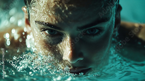 Intense gaze of a woman emerging from water - captivating portrait for beauty and strength concepts