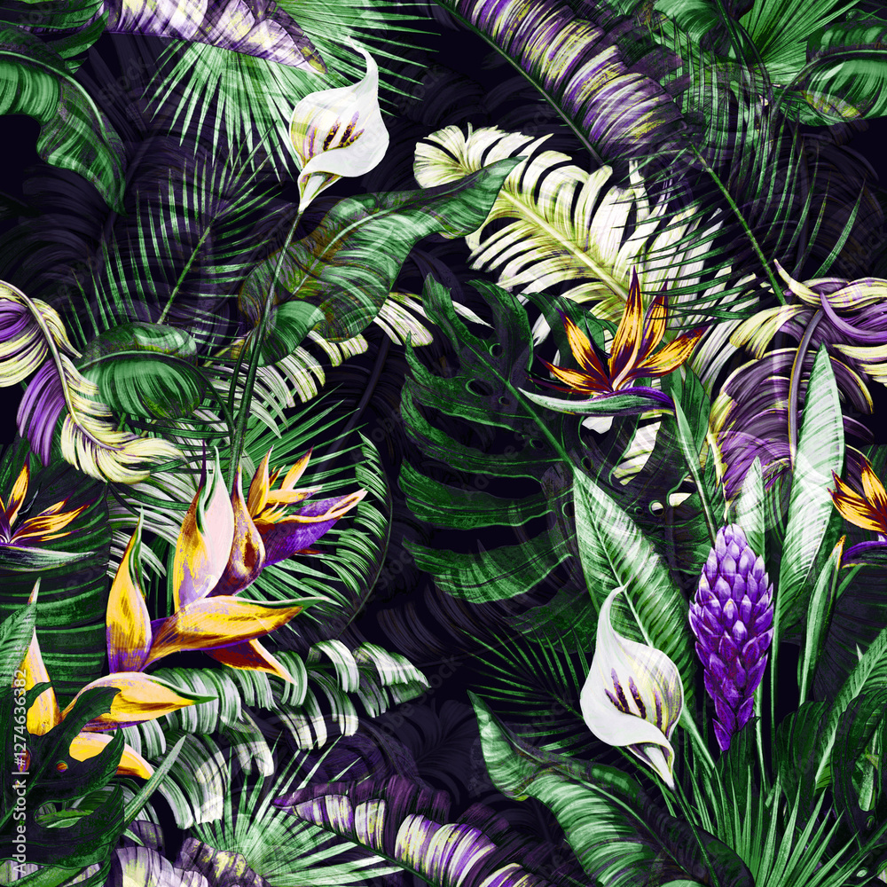 Fototapeta premium Lush tropical pattern with exotic flowers and palm leaves on a dark background. Vibrant, detailed, seamless repeat.