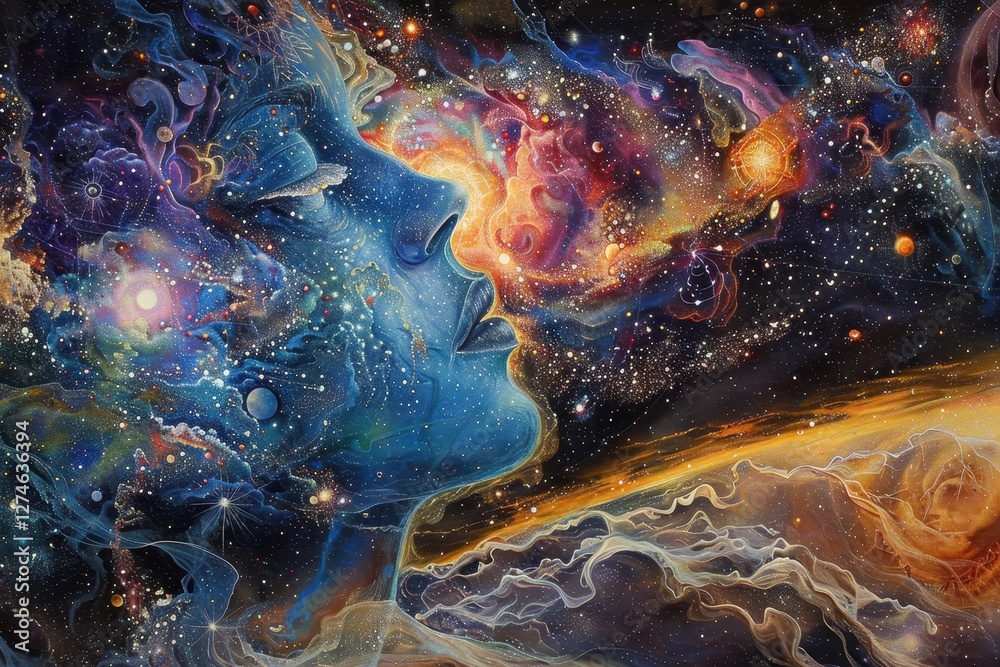 Obraz premium Gazing into the cosmos, a man contemplates the mysteries of the universe during a starlit night filled with vibrant galaxies