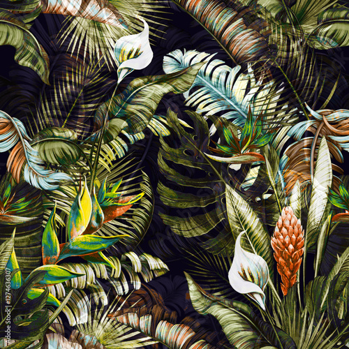 Lush tropical pattern with exotic flowers and palm leaves on a dark background. Moody, vibrant, detailed, seamless repeat.