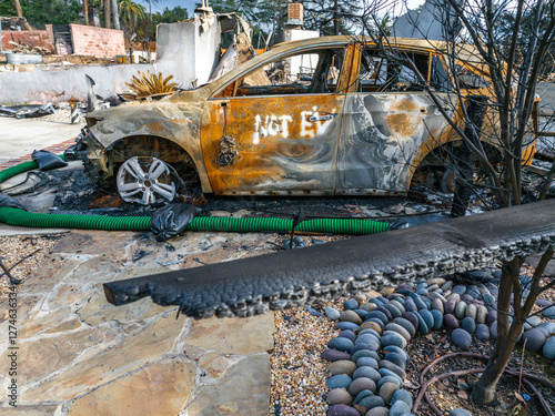 Konstfotografi Burned SUV marked NOT EV after the Eaton Fire in Altadena, California, with ch