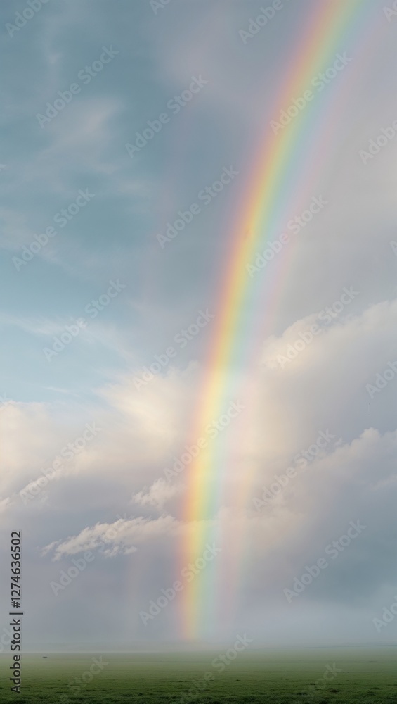 Vibrant rainbow stretching across a cloudy sky over a lush green landscape with copy space