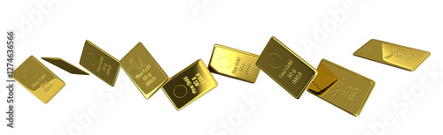 gold bullion bars falling, 50 g gold bars 3d illustration