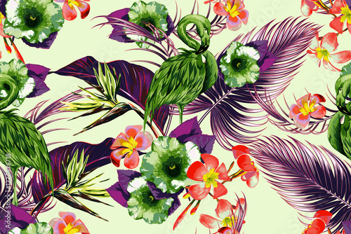 Tropical pattern, stylized green flamingos, plumeria, bird of paradise, palm leaves. Whimsical, colorful, seamless repeat.
