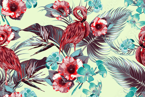 Tropical pattern, crimson flamingos, plumeria, bird of paradise, palm leaves. Whimsical, colorful, seamless repeat design.