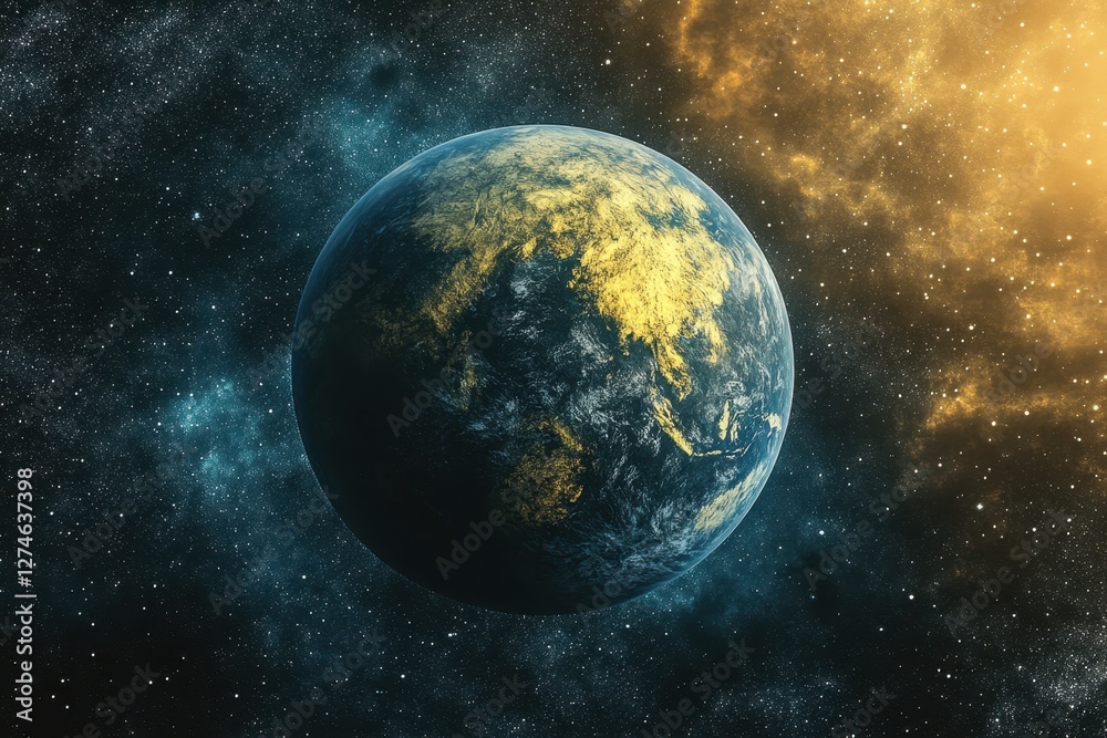 Fototapeta premium Planet Earth illuminated by golden light in the vast cosmos