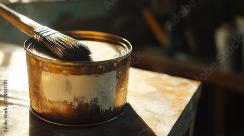 A can of paint sits on a table with a brush in it. The brush is black and the can is silver. Scene is calm and peaceful, as if someone is about to start a painting project
