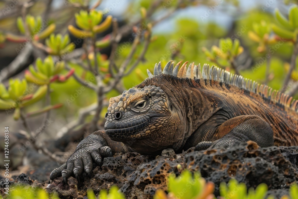 Fototapeta premium Relaxing sea lion resting on a sandy beach near rocks and vegetation in the Galapagos Islands under warm sunlight