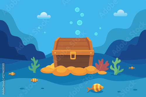 Ocean Floor Treasure Chest with Glimmering Coins Vector Art