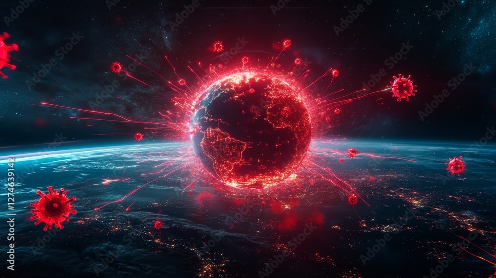 Glowing cybernetic network surrounds Earth with dynamic energy bursts