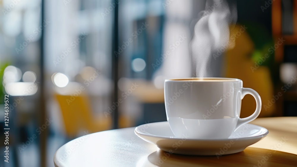 Steaming cup of coffee on table in cozy cafe setting Steaming cup of coffee on table in cozy cafe setting