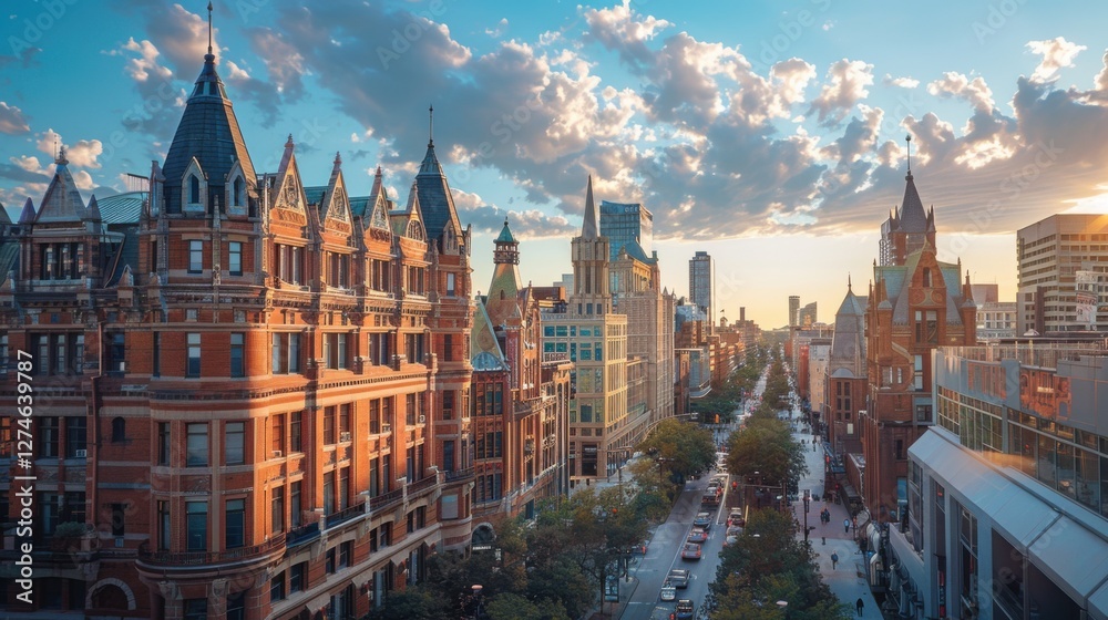Naklejka premium A cityscape with a focus on sustainability, and eco-friendly designs
