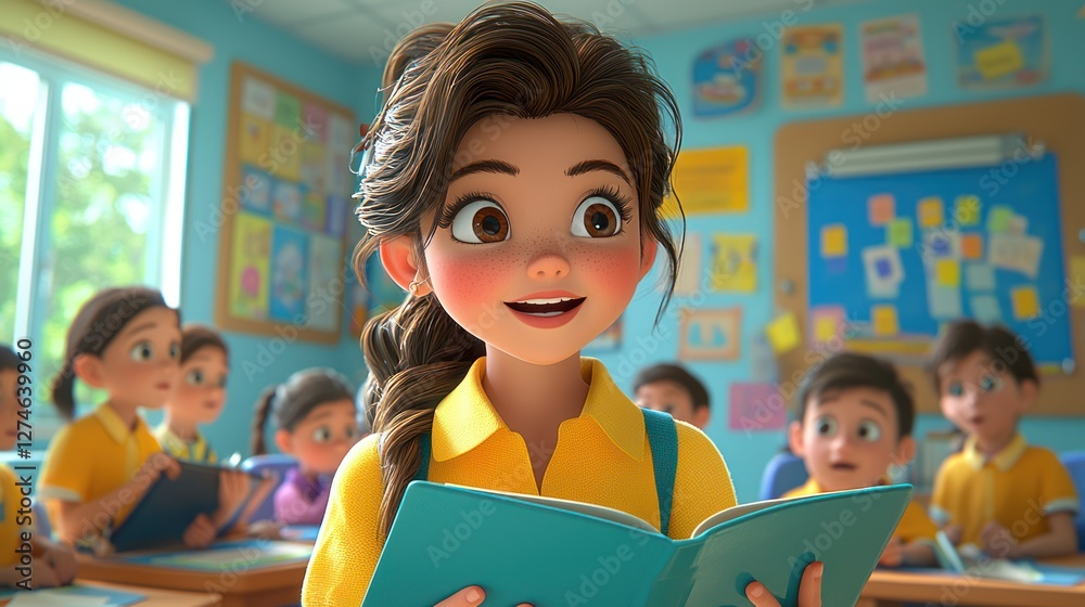 Fototapeta premium Girl reading aloud in classroom, education, learning, children