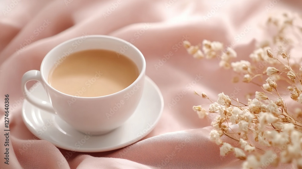 White mug of tea on soft pink fabric with delicate flowers White mug of tea on soft pink fabric with delicate flowers