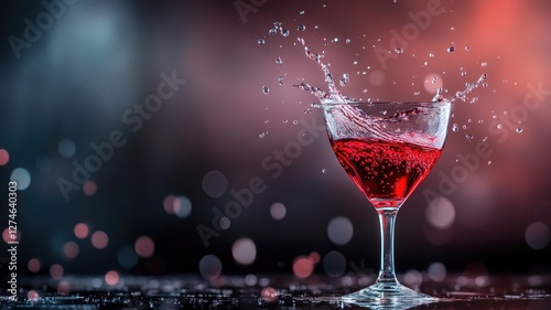 Splash of red liquid in glass against bokeh background