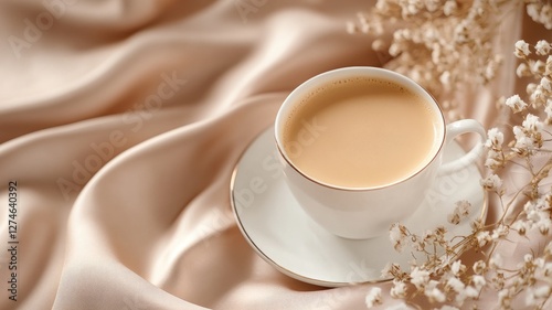 Cup of coffee with milk on silky fabric and delicate flowers