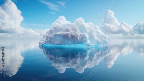 Iceberg floating in calm ocean water beneath blue sky with fluffy clouds