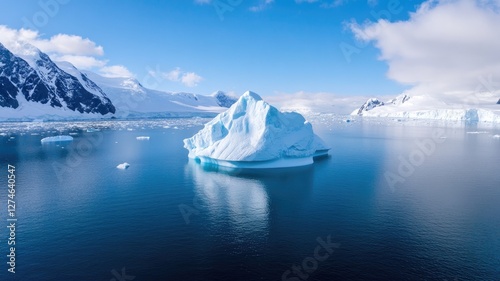 Majestic iceberg floating in calm, clear, blue Arctic waters with snowy mountains background