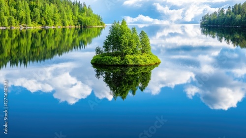 Small lush island surrounded by tranquil reflective lake and forested landscape