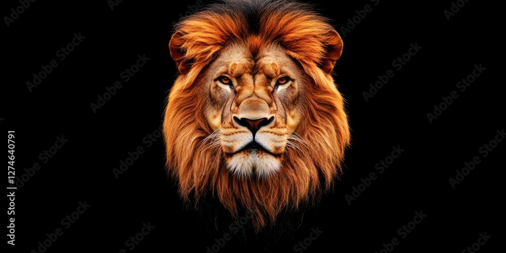 Fototapeta premium Royal and majestic, this African lion face is available for royalty-free use in various contexts.