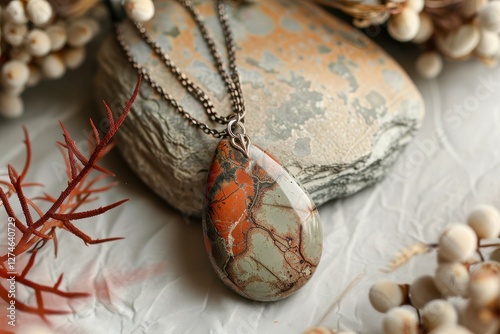 Beautiful stone necklace displayed on natural elements with a calming backdrop in a serene setting