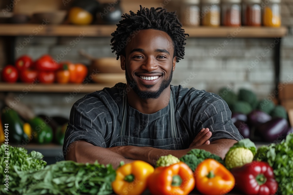 Fototapeta premium Smiling chef displays fresh vegetables in a bustling market setting during the day