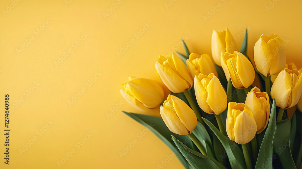 A vibrant arrangement of yellow tulips on a bright yellow background, ideal for spring promotions, floral design projects, or cheerful greetings. A vibrant arrangement of yellow tulips on a bright yellow background, ideal for spring promotions, floral design projects, or cheerful greetings.