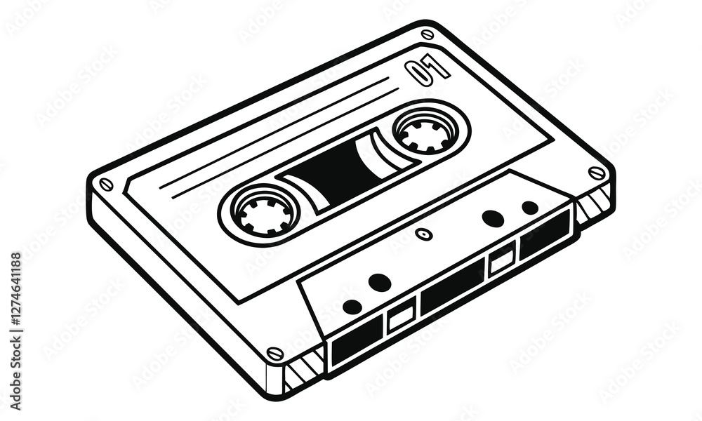 Retro audio cassette vector iilustration, monochrome design, hand drawn illustration, detailed art, minimalist design, isolated on a white background
