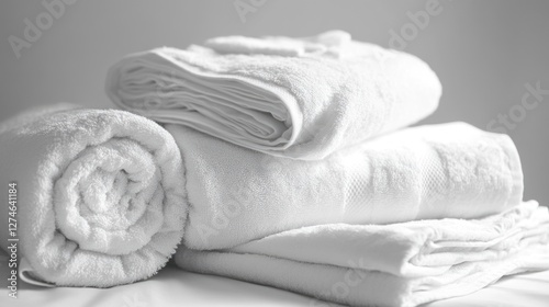 Freshly laundered white towels folded neatly, showcasing cleanliness and organization.