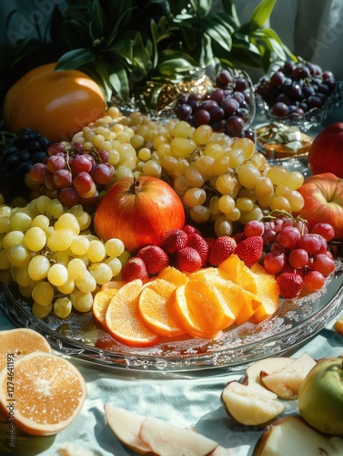 Close-up of a variety of fresh fruits on a glass plate. A healthy and delicious assortment.